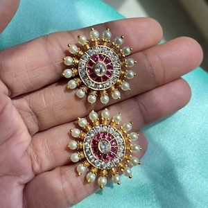 Kundan Stud Diamond Earrings/Statement stud earrings/South Indian Studs/Indian Jewelry/Ruby Studs/desi jewelry/Indian Earrings