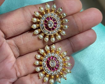 Kundan Stud Diamond Earrings/Statement stud earrings/South Indian Studs/Indian Jewelry/Ruby Studs/desi jewelry/Indian Earrings