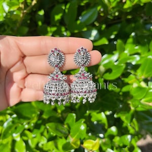 Oxidized Jhumka Earrings: Ruby Green Two Tone Indian Jewelry
