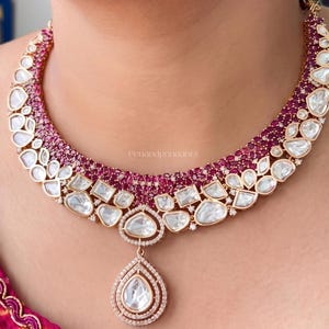 Luxury Moissanite Polki Necklace Set | Emerald Cut Uncut Diamond Choker | Bridal Kundan Ruby Set | Statement Indian Wedding Jewelry