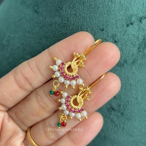 Marathi Pearl Bugadi Earrings, Gold Ruby Kemp Upper Ear Cuff, Indian Helix Clip On Jewelry, Traditional Maharashtrian Bugadi