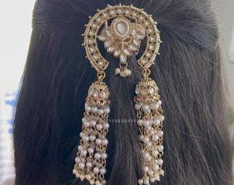 Indian Pearl Hair Clip Kundan Chandbali Jhumka Hair Pin Crescent Braid Hook Accessory Chotia Hair Ornament South Indian Bridal Hair Jewelry