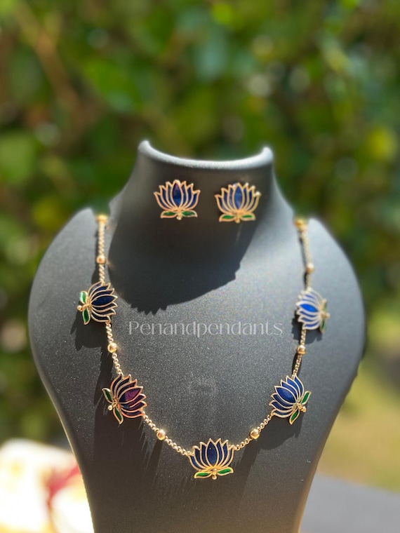 Enamel Lotus Necklace Set: Indian Meenakari Golden Jewelry