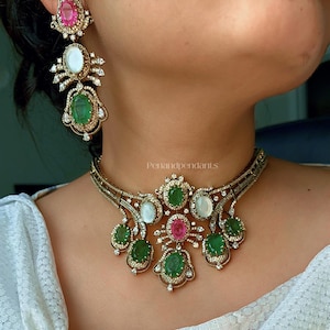 Sabyasachi Inspired Choker Set, Victorian Polki Emerald Necklace, Indian Bridal Kundan Jewelry, Ruby Statement Necklace & Earrings, Gift