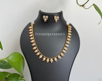 Kemp Stone Mango Necklace Set: Ruby, Green, & Pearl South Indian Jewelry