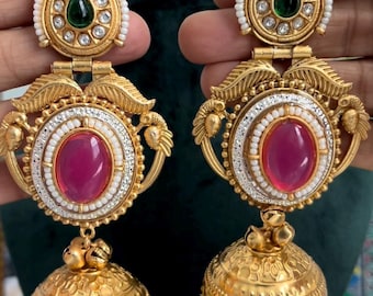 Kundan Jhumka Earrings with Ruby Pink Emerald Green Stones, Gold Plated Indian Bridal Jewelry, Traditional Pakistani Pearl Drop Jhumki