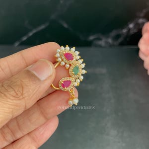 Maharashtrian Nath Press On Nose Ring Clip On Indian Bridal Nathani Pearl Cz Ruby Emerald NosePin NonPierced Traditional South Asian Jewelry