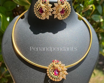 Temple Gold Hasli Set: Ruby & CZ Diamond Peacock Necklace