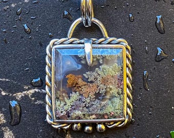 Square Moss Agate Pendant Necklace: Natural Green Scenic Stone