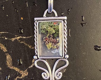 Square Moss Agate Pendant Necklace: Natural Green Scenic Stone