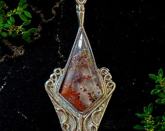 Emerald Cut Moss Agate Pendant: Stainless Steel Fantasy Jewelry