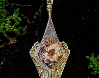 Emerald Cut Moss Agate Pendant: Stainless Steel Fantasy Jewelry