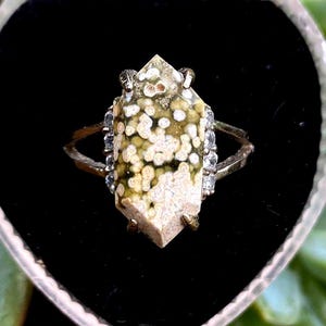 Handmade Ocean Jasper Ring: Stainless Steel Hexagon Statement Ring, Size 6