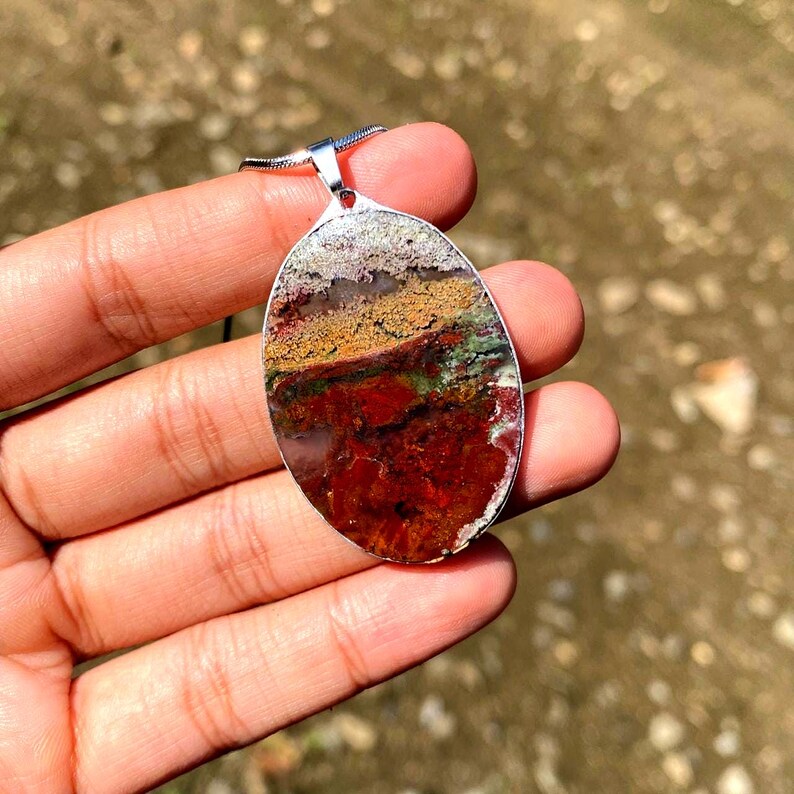 Large Moss Agate Pendant – Scenic Landscape Gemstone Necklace – Natural Red Green Agate Jewelry – Unique Statement Pendant