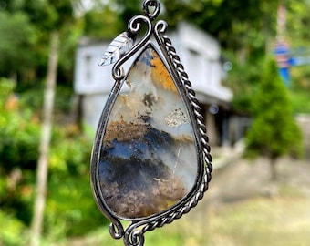Dendritic Agate Pendant – Natural Landscape Stone Necklace