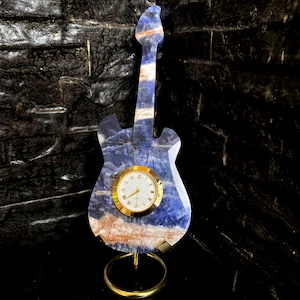 Large Blue Sodalite Guitar Carving with Clock – Hand Carved Crystal Guitar Art – Unique Stone Desk Clock Decor Gift