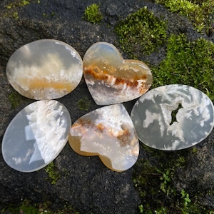 Könnte beinhalten: Fünf polierte Achatsteine in verschiedenen Formen: zwei ovale, zwei herzförmige und ein runder. Die Steine zeigen durchscheinende weiße, graue und braune Muster. Der Hintergrund ist eine dunkle Oberfläche mit grünem Moos.