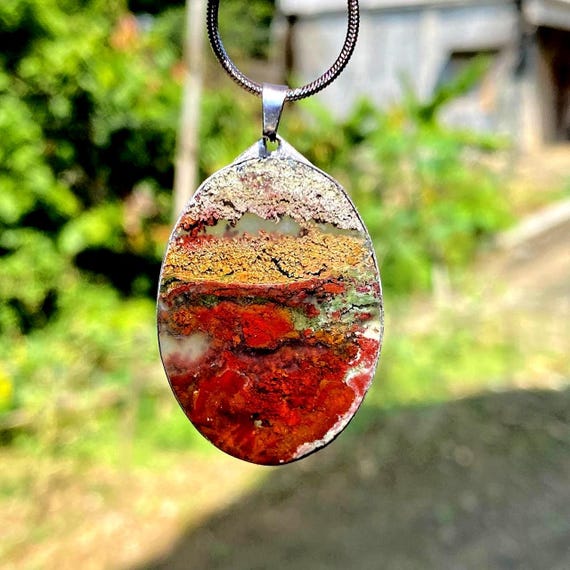 Moss Agate Pendant – Scenic Landscape Gemstone Necklace – Natural Red Green Agate Jewelry