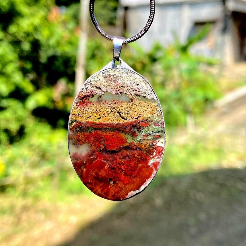 Large Moss Agate Pendant – Scenic Landscape Gemstone Necklace – Natural Red Green Agate Jewelry – Unique Statement Pendant