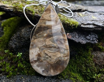 Palm Root Teardrop Pendant: Fossilized Gemstone, Stainless Steel