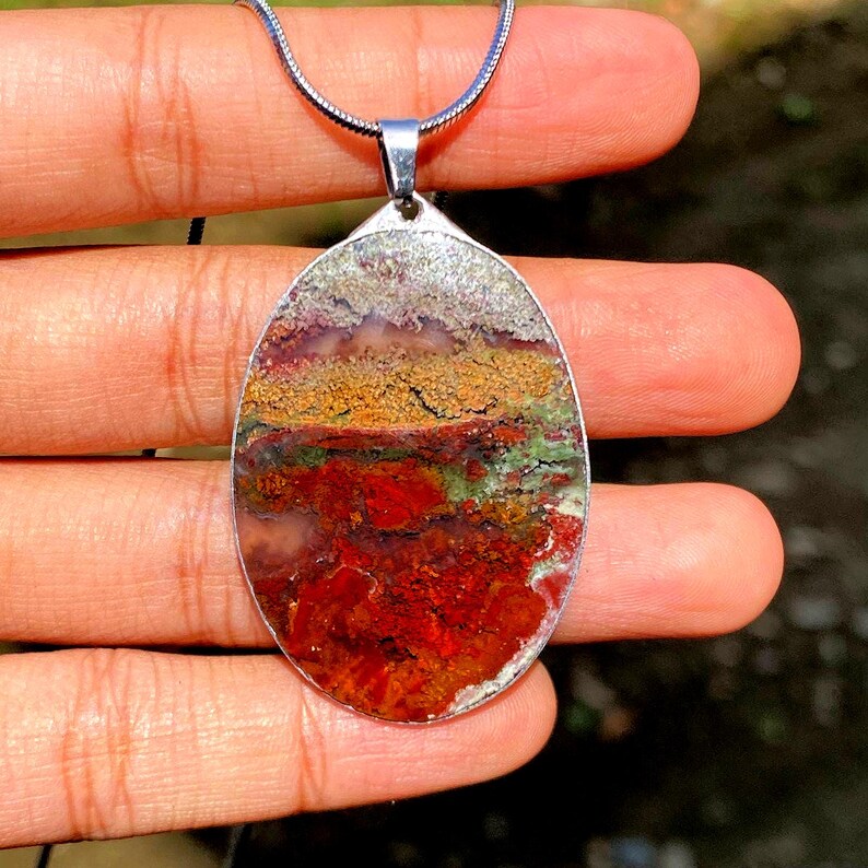 Large Moss Agate Pendant – Scenic Landscape Gemstone Necklace – Natural Red Green Agate Jewelry – Unique Statement Pendant