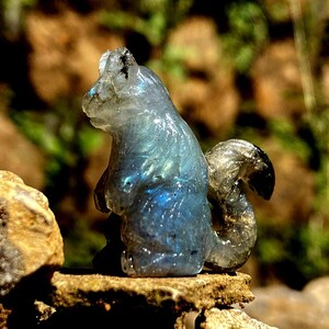 Puede incluir: Una figura de ardilla de labradorita tallada. La ardilla está de pie, con una cola tupida. La piedra tiene colores azules, grises y claros. La figura está sobre una pequeña roca. Un objeto decorativo.