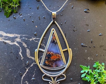 Moss Agate Cone Pendant Necklace: Natural Green Stone, Adjustable Silver Chain