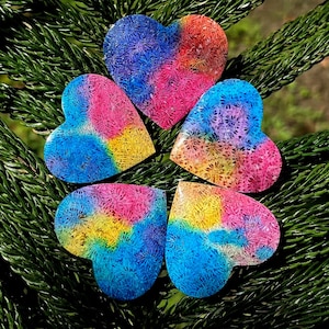 Rainbow Dyed Fossil Coral Heart Cabochons – Set of 5 | Flower Pattern Fossil Crystal | Wholesale Lot for Jewelry Making