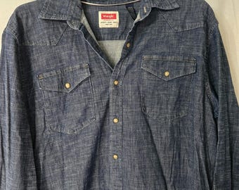 Wrangler Mens Denim Shirt Long Sleeve Western Pearl Snap Button Down XL Cowboy