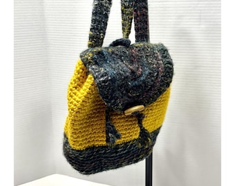UNIQUE Crochet Backpack W/hair Ties 70s Festival Hippie Blue-Yellow Boho Bag