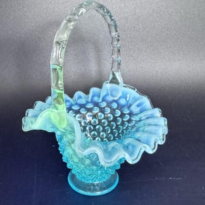 フェントン　ハンドペイント　ブルー チューリップ ガラス バスケット Fenton Blue Opalescent Hobnail Basket - Etsy