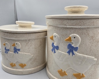 Set Vtg 3D Geese Goose Blue Bow Ceramic Canister Jars Rustic Farmhouse Decor