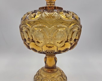 Vtg Moon & Stars LE Smith Compote covered candy dish 10" tall lidded amber MCM
