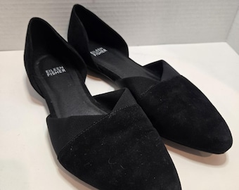 Eileen Fisher Vero Cuoio Black Flat Point Toe Shoes Sz 8.5 Leather Suede Slip-on