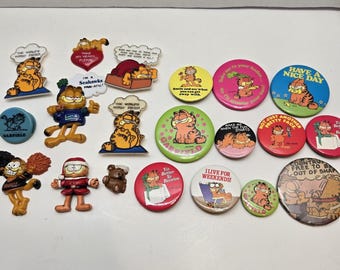 Vintage Retro 70s & 80s Garfield Pinback Buttons  Magnets 20 Pc Lot Kats Meow