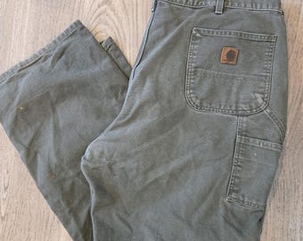 Vtg Carhartt Pants Mens 44x32 Green B11 MOS Duck Canvas Carpenter Dungaree Fit