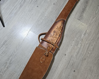 Étui à fusil en cuir VTG avec fourreau, scène de cerf fabriquée à la main, design occidental, 51 x 9 po.