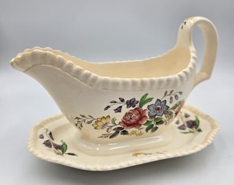 Vtg Copeland Spode Romney Floral Gadroon Shape Gravy Boat Attached Underplate