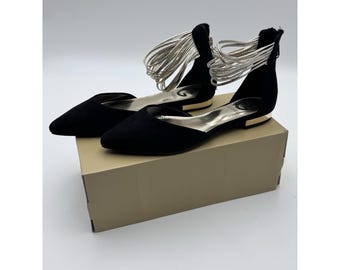 Y2K NEW GG Black & Gold Roman Ankle Strap Zip Dressy Ballet Flats Women Size 6M