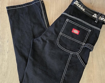 Vtg Y2k Dickies Jeans Womens 7/28 Black Carpenter Utility Jeans Stitching W/Belt