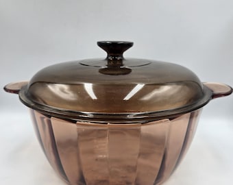 Vtg Vision Corning Ware Pyrex Amber 4.5L 5qt Glass Dutch Oven Stock Pot Lid Usa