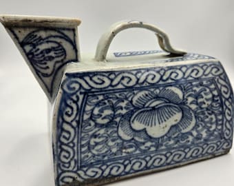 Antique Chinese Porcelain Blue Gray & White Chamber Pot Urinal Added Felt Dots