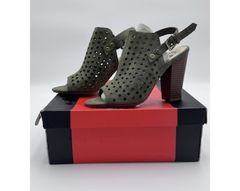 G by Guess Olive Green Faux Suede Bootie Block Heel Open Toe Meshed Strap 6M