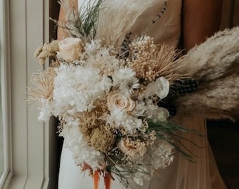 Custom oversized boho bridal bouquet with burnt orange ribbon, pampas, white hydrangea, yellow yarrow, fern, and dried babies breath