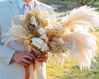 Celestial boho dried flower bouquet (custom) - neutral bouquet with burnt orange and mustard yellow detail; protea & pampas