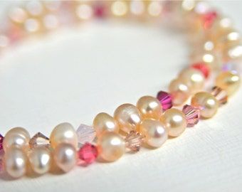 Pink Pearl Double Strand Bracelet with Dark Pink, Petal Pink and Fuschia Crystals Handmade in Maine from North Atlantic Art Studio