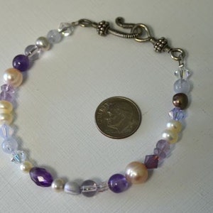 Violet Purple Amethyst Bracelet with Lilac Pearls, Lavender Agate and Swarovski Crystals . Plus Size at 9 inches Long . Handmade in Maine image 5