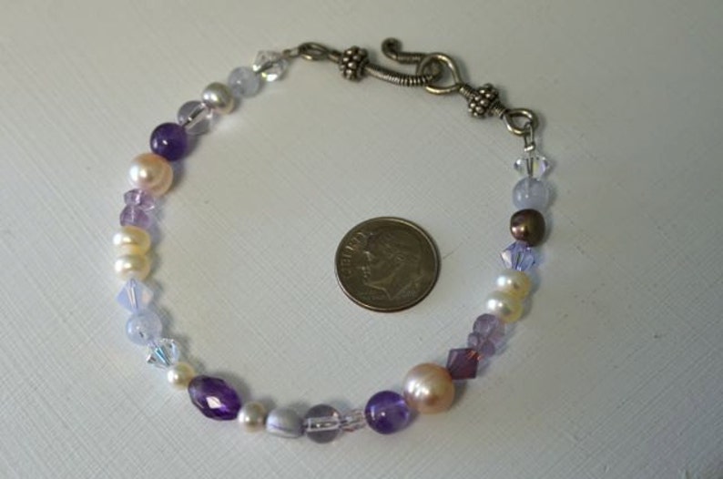 Violet Purple Amethyst Bracelet with Lilac Pearls, Lavender Agate and Swarovski Crystals . Plus Size at 9 inches Long . Handmade in Maine image 5