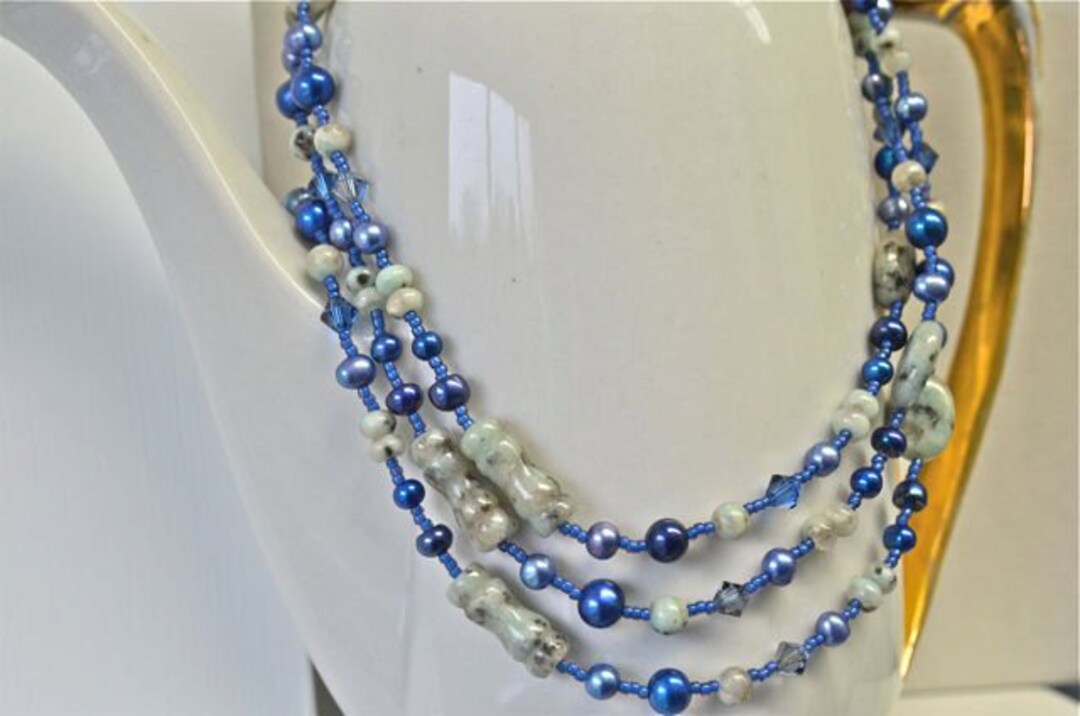 Long Blue Pearl Necklace With Mint Green Sesame Jasper and Long Blue Pearl Necklace With Mint Green Sesame Jasper and