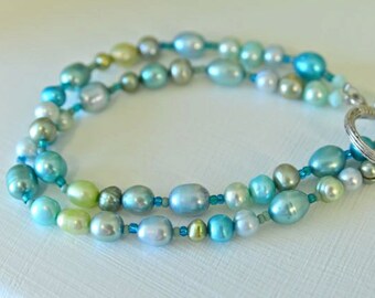 Double Strand Pearl Bracelet with Aqua, Blue, Turquoise, Lime, Aloe, Moss Green Freshwater Pearls and Toggle Clasp